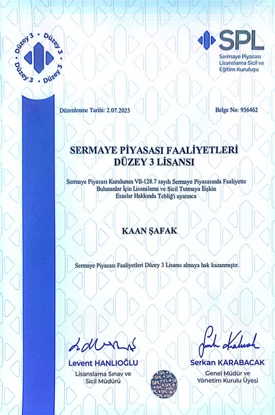 Sermaye Piyasası Faaliyetleri Düzey 3 Lisansı belgesi