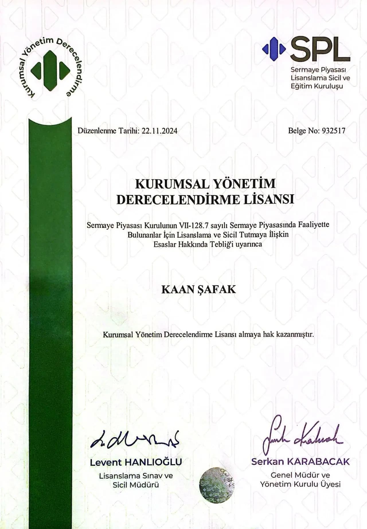 Kurumsal Yönetim Derecelendirme Lisansı belgesi